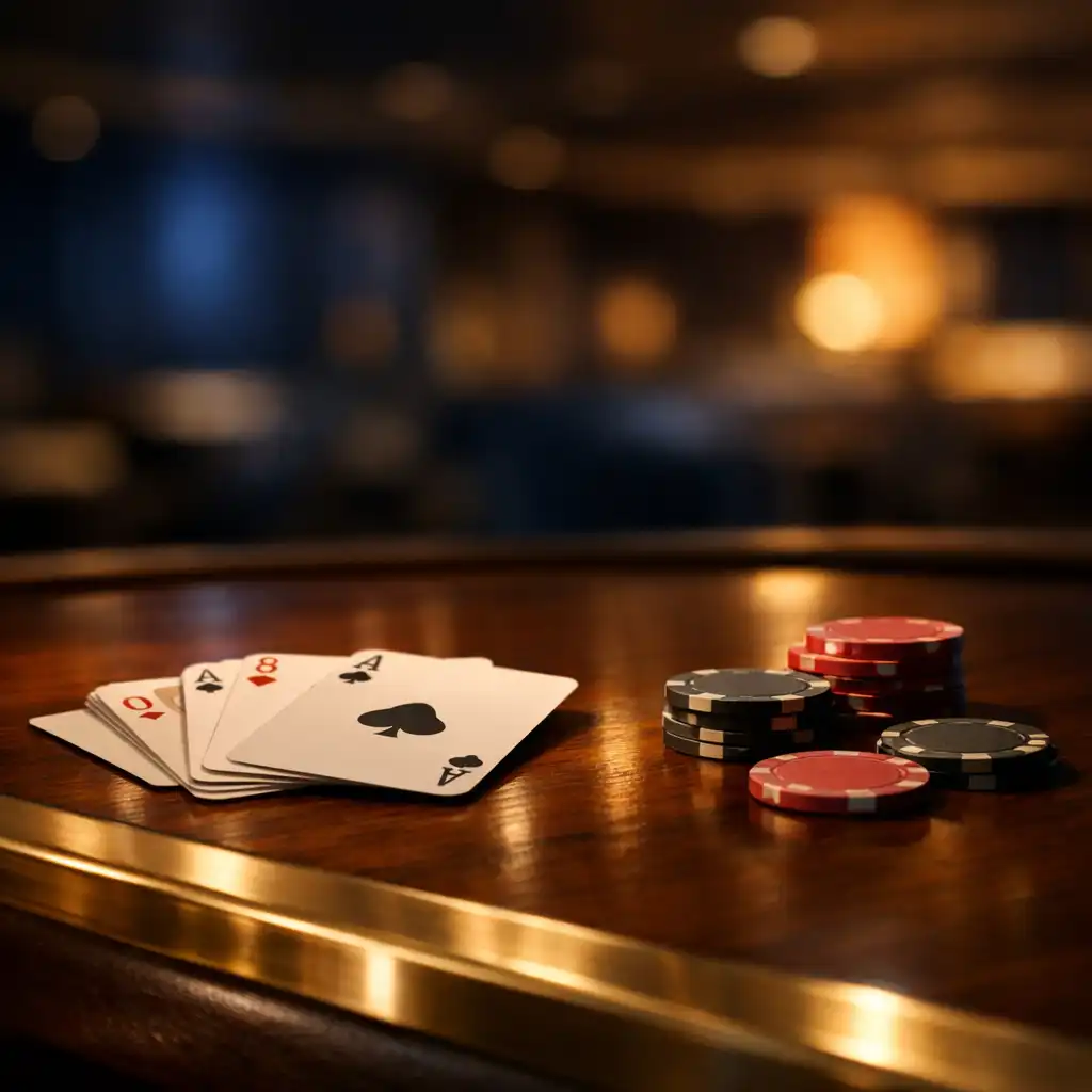 Detal kart do gry i neutralnych żetonów na ciemnym blacie Casino Lounge