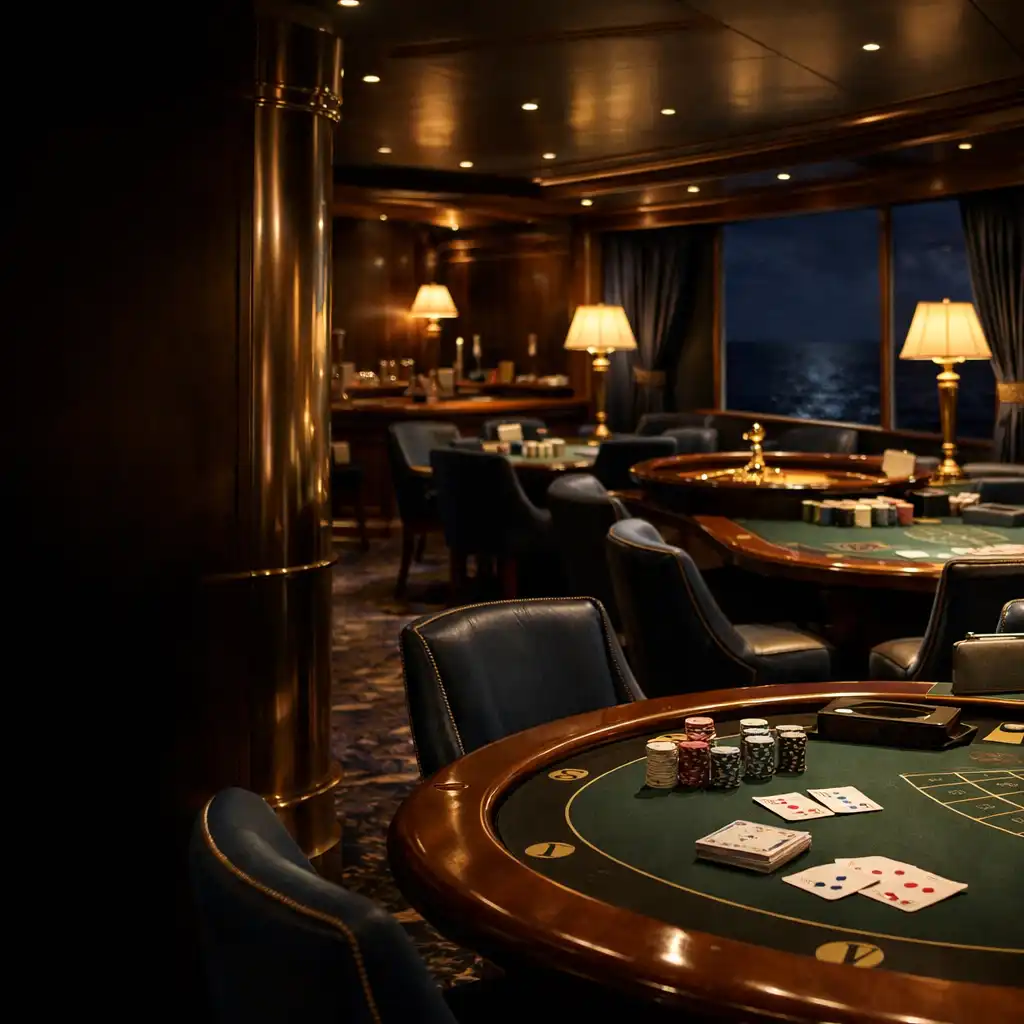 Wyrafinowane wnętrze Casino Lounge na statku wycieczkowym z fizycznymi stołami do gry.