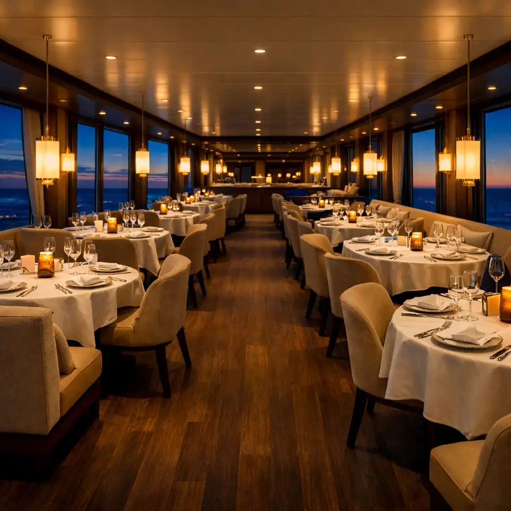 Restauracja na statku wycieczkowym z nakrytymi stołami i panoramicznymi oknami na granatowy ocean.