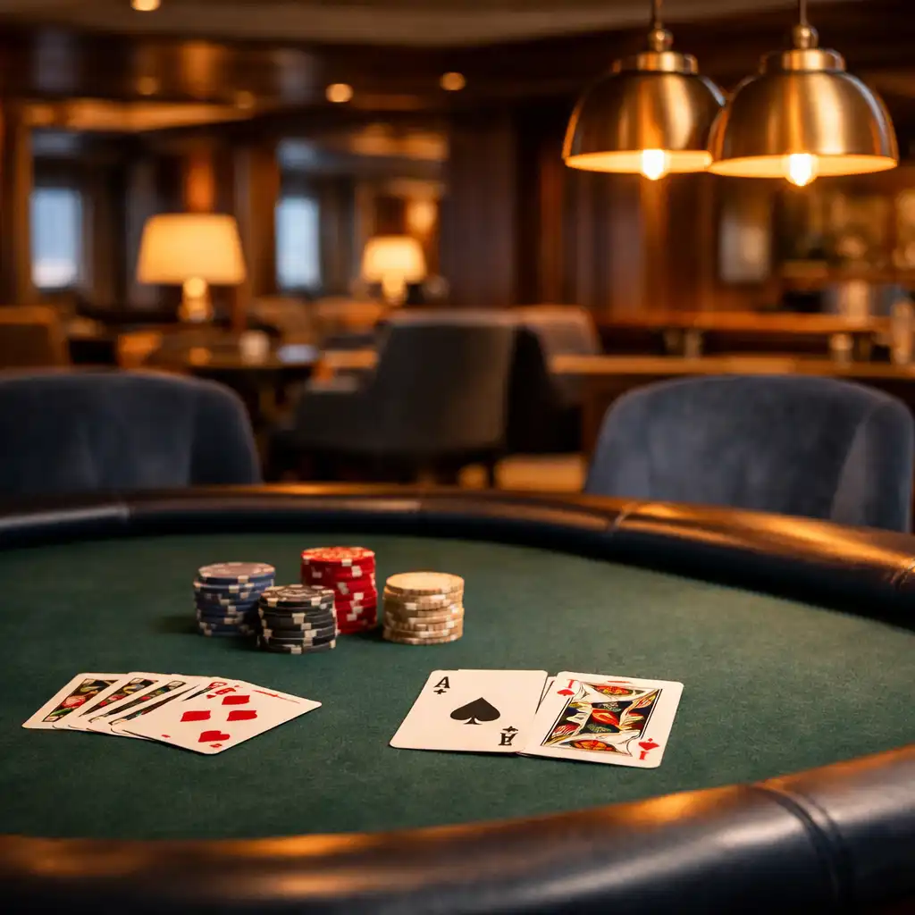Fizyczny stół pokerowy w eleganckim Poker Roomie na statku.