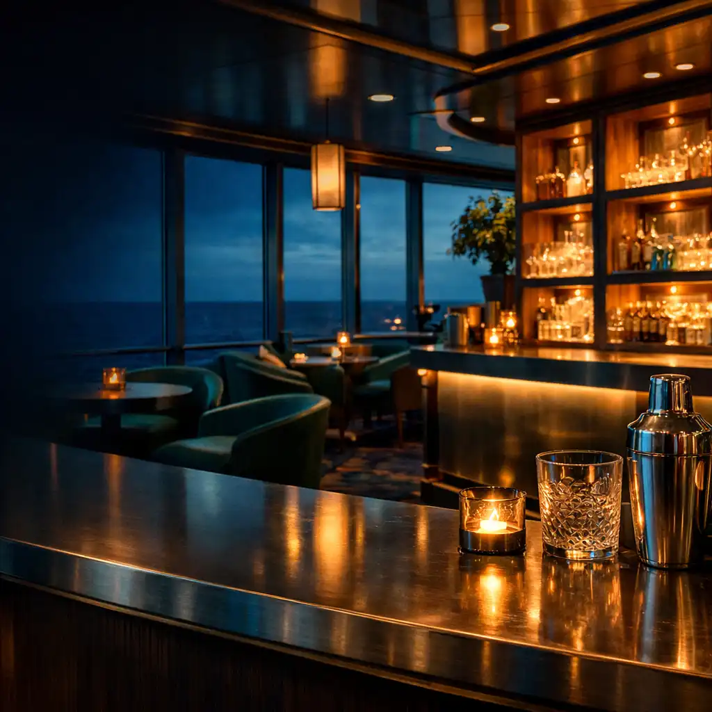 Ciepło oświetlony cocktail bar na statku wycieczkowym z oknami na spokojne nocne morze