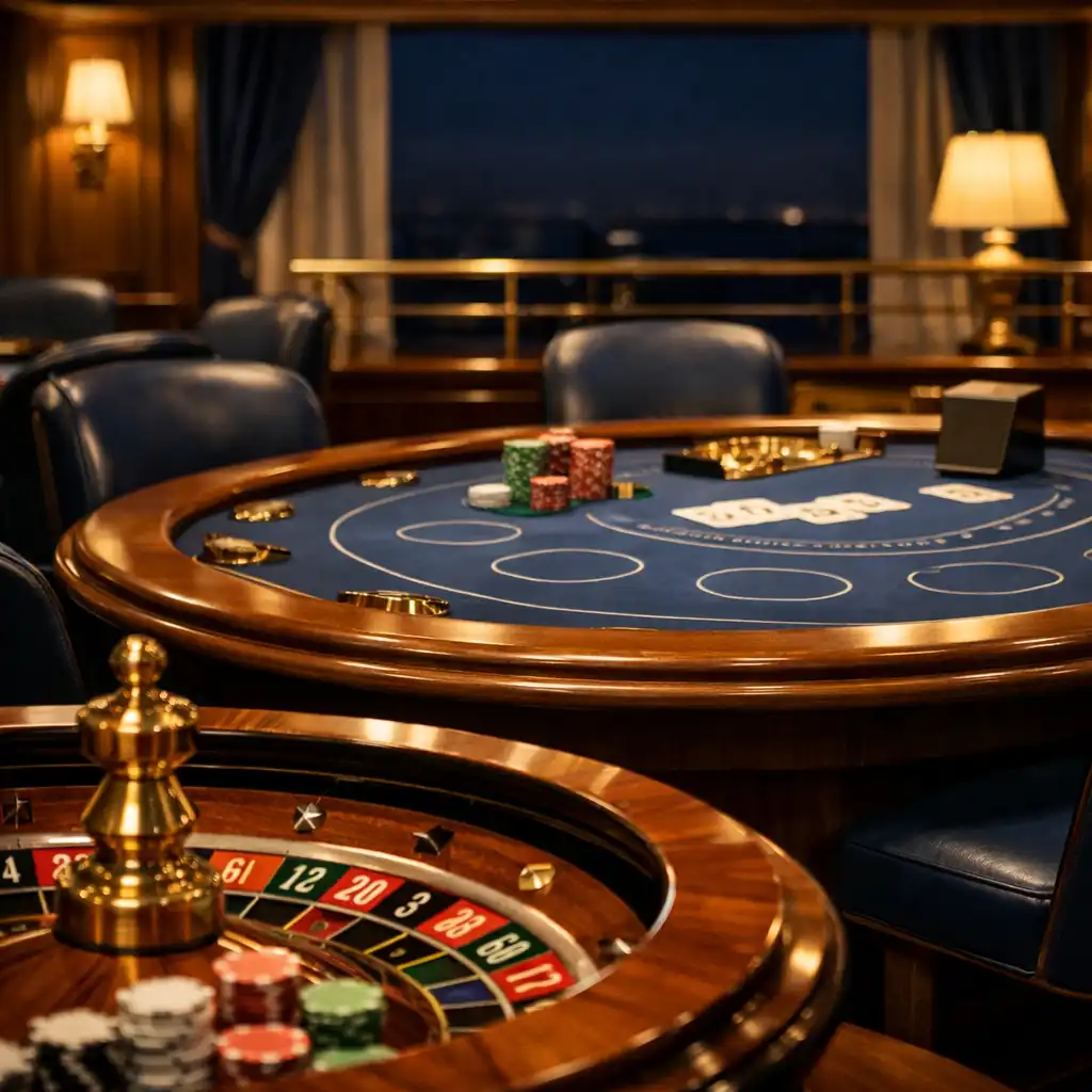 Koło ruletki i stół blackjackowy w Casino Lounge na statku.