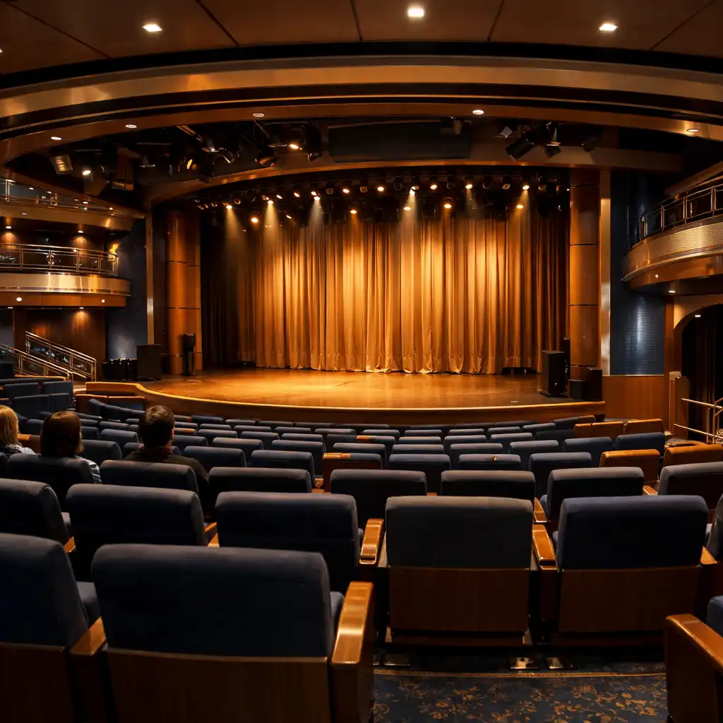 Eleganckie wnętrze teatru na statku wycieczkowym z widokiem na scenę