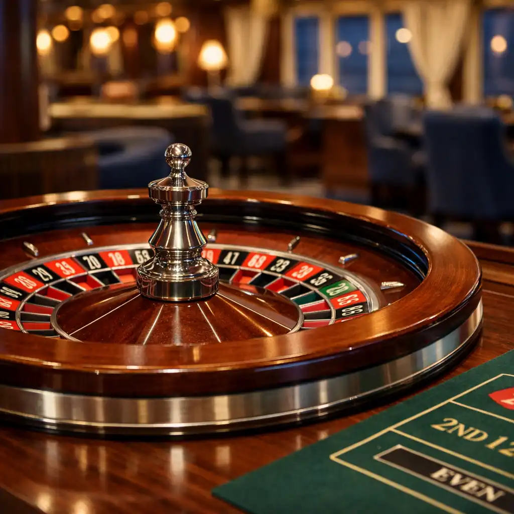 Fizyczne koło ruletki na eleganckim stole w Casino Lounge na statku